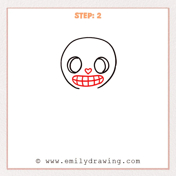 how to draw a cartoon skeleton - A cartoon skeleton skull with a heart-shaped nose and a wide grinning mouth filled with a simple tooth grid.